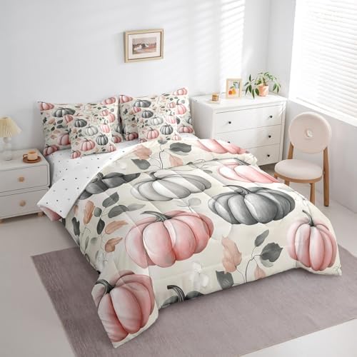 Erosebridal Pink Grey Pumpkin Full Comforter Set 7 Piece Fall Autumn Bedding Set with Sheet Set for Kids Girls Teen Women,Watercolor Botanical Eucalyptus Leaves Bed in A Bag Thanksgiving Bed Set - Image 3
