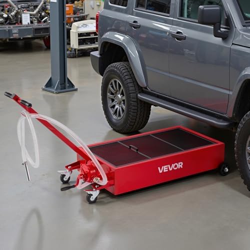 VEVOR Low Profile Oil Drain Pan, 20 Gallon Capacity, Rolling Oil Drain Pan with Manual Pump, 7.2 ft Hose & T Folding Handle, Leak-Proof & Corrosion-Resistant, Fit for Cars, SUVs, Trucks, ATVs, Red - Image 7