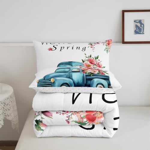 Spring Floral Truck Comforter Set Twin Size Kids Girls Boys Cartoon Watercolor Garden Plants Bedding Set 2pcs Cartoon Car Quilt Set Home Decor White Microfiber Duvet Insert,1 Pillowcase - Image 3