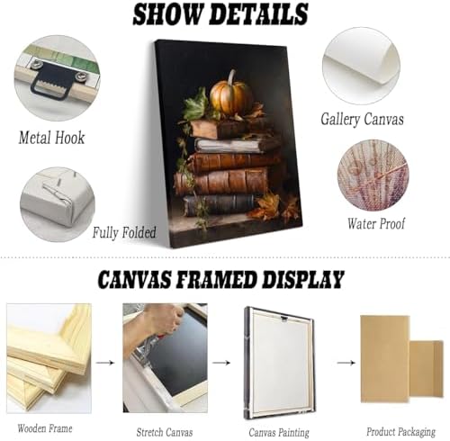 Vintage Pumpkin Still Life Wall Art – Antique Books with Fall Leaves Canvas Print,Dark Academia Autumn Aesthetic Poster for Reading Nook Decor 24x36in Large Frame wall art - Image 3