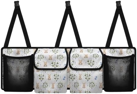 Cute Rabbit Print Car Trunk Organizer with 4 Pockets Foldable Car Backseat Storage Bag Detachable Car Storage Accessories for SUV Sedans Hatchback Crossover Minivan