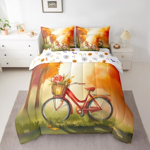 Bicycle Twin Size Comforter Set with Sheets Fall Decorations for Home 7 Pieces Bed in a Bag Twin Maple Leaves Rustic Farmhouse Autumn Decor Beddding Sets with Comforter,Flat Sheet,Pillowcases - Image 3