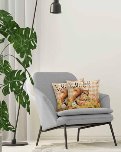 Fall Pillow Covers 16x16 Inch Set of 2, Thanksgiving Decorations Squirrel Sunflower Outdoor Throw Pillow Covers, Plaid Leaf Autumn Holiday Square Pillowcases for Patio Sofa Couch Bedroom Decorative - Image 4