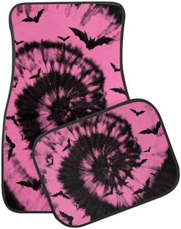 Pink Black Tie Dye Bat Print Funny Halloween Car Floor Mats 4 PCS, Cute Durable Interior Accessories for Car SUV, All Weather Floor Mats with Front Rear Trunk Liners Set for Party
