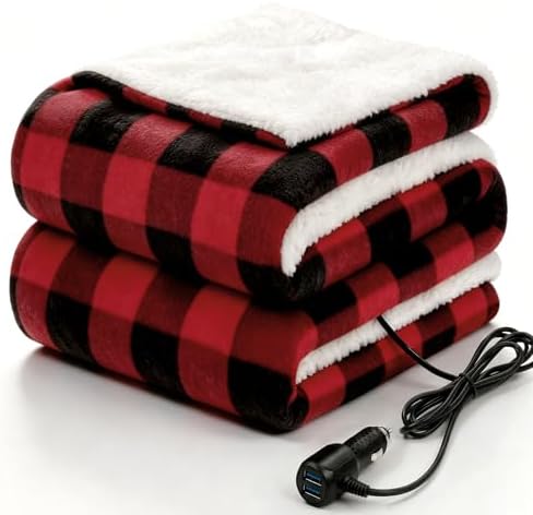 Sealy 12-Volt Heated Car Blanket, 2 USB Output Ports, 59"x43", Red Plaid