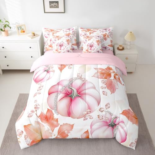 Erosebridal Girls Pink Fall Twin Comforter Set 7 Piece,Maple Leaves Pumpkin Kids Bed in A Bag with Sheets Glitter Diamond Autumn Bedding Set for Teen Girl Women,Thanksgiving Harvest Bed Set - Image 2