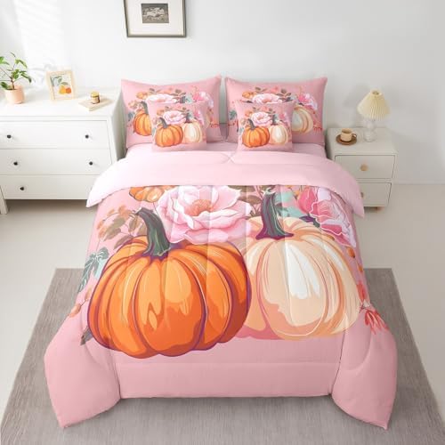 Erosebridal Fall Bedding Sets for Girls 7 Piece Full Rose Pumpkin Bed in A Bag with Sheets Aesthetics Autumn Theme Comforter Set for Kids Teen Women Thanksgiving Harvest Bed Set with Comforter - Image 2