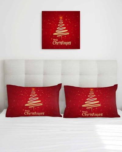 JasmineM Merry Christmas Tree Pillow Covers 12x20 Inch Set of 2, Christmas Decorations Red Gold Outdoor Throw Pillow Covers, Winter Holiday Square Pillowcases for Patio Sofa Couch Bedroom Decorative - Image 3