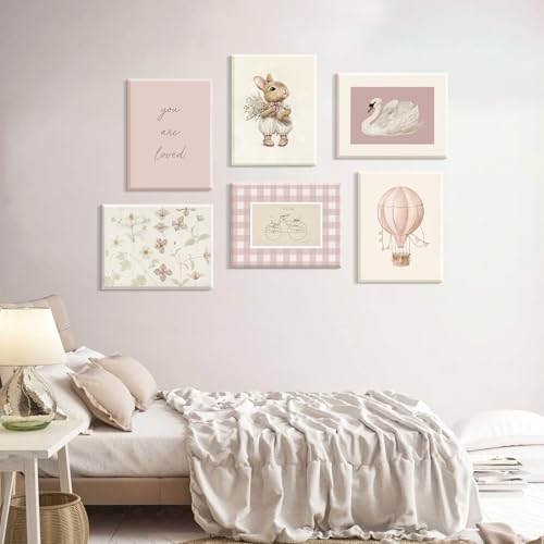 Pink Nursery Wall Art Baby Girl Canvas Wall Decor Vintage Poster Bunny Flower Wall Art Antique Preppy Pictures Animal Floral Prints Kids Swans Painting for Girls Room Bedroom 8x10x6 Inch Framed - Image 6
