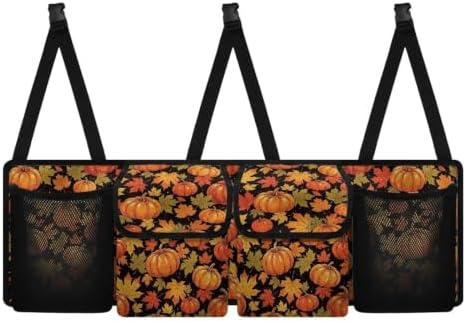 Fall Pumpkin Maple Leaf Print Car Trunk Organizer Car Backseat Storage Bag with 4 Pockets Hanging Trunk Cargo Storage Universal Auto Accessories for Sedans SUV Trucks Van