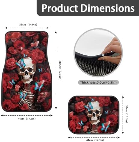 Red Rose Blue Butterfly Skeleton Print Funny Halloween Car Floor Mats 4 PCS, Cute Durable Interior Accessories for Car SUV, All Weather Floor Mats with Front Rear Trunk Liners Set for Party