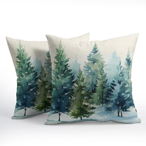 Watercolor Christmas Tree Pillow Covers 18x18 Set of 2 Blue Green Xmas Print Vintage Decorative Outdoor Throw Pillow Cases Rustic Winter Holiday Decoration Farmhouse Sofa Couch Cushion Cover Bed Decor - Image 7