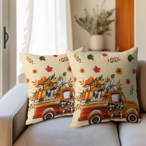 Fall Orange Truck Throw Pillow Covers 20x20 Set of 4 Buffalo Plaid Pumpkin Sunflower Thanksgiving Pillow Covers Plaid Bow Maple Leaves Pillowcase for Kitchen Sofa Cushion Outdoor Bedroom Decoration - Image 3