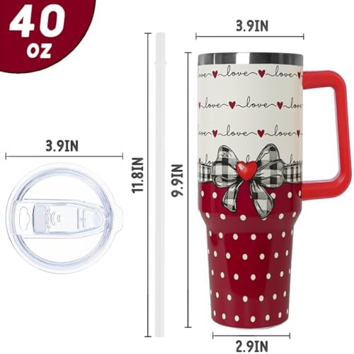 Valentines Tumbler with Handle 40 oz Red Bow Gifts Love Hearts Coffee Travel Mug Stainless Steel Insulated Cup Valentines Anniversary Wedding Birthday Gifts for Women - Image 3