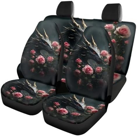 Cool Dragon Roses Print Car Seat Covers 4Pcs Front & Rear Breathable Seat Covers Universal Fits for Truck, Sedan, SUV Auto Interior Protector Car Accessories