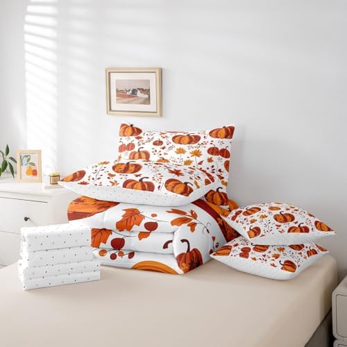 Erosebridal Autumn Pumpkins Queen Comforter Set with Sheets 7 Piece Fall Maple Leaf Bedding Set Thanksgiving Day Harvest Bed in A Bag for Kids Adults Rustic Farmhouse Bed Set with Comforter - Image 6