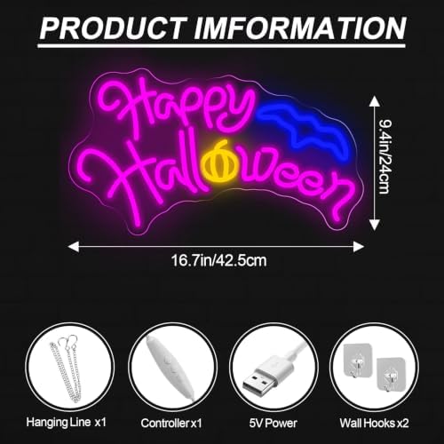 Happy Halloween Neon Sign, Bat Pumpkin Halloween LED Light, 16.7"x9.4" - Image 2