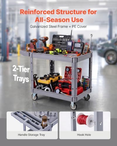 VEVOR Utility Cart, 550 lbs Capacity, 2 Tier Service Cart with 360° Swivel & Fixed Wheels (2 with Brakes), Heavy Duty Plastic Rolling with Storage Tray, Tool Storage for Garage Warehouse Workshop Gray - Image 3