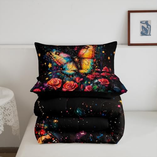 Feelyou Butterfly Bedding Set Twin Size Rose Comforter Set for Kids Boys Girls Star Print Comforter Starry Sky Duvet Set - Image 5
