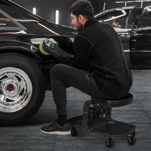 M-AUTO Garage Roller Seat Heavy Duty Rolling Shop Mechanic Creeper/Shop Stool with Tool Tray and Equipment Rack, 300LBS Capacity Creeper Seat with 5 Rollers for Detailing Car, Red - Image 3