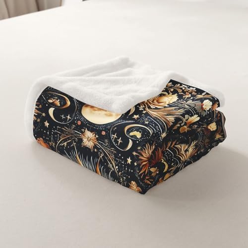 Sun and Moon Throw Blanket Mysterious Starry Galaxy Fleece Flannel Blankets Kids Boys Girls Room Decor Retro Flowers Plant Bed Blankets for Bed Sofa Couch Black Gold Orange Plush Blanket Twin 60"x80" - Image 7