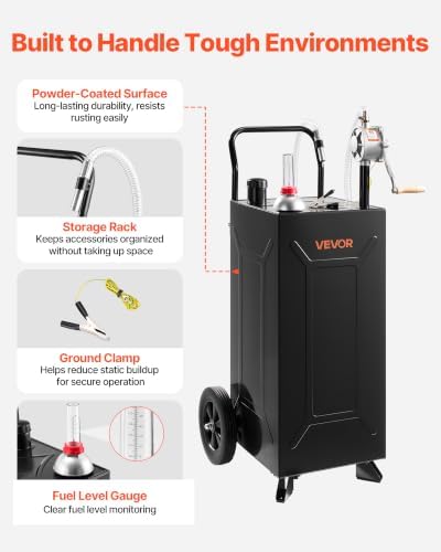 VEVOR 30 Gallon Fuel Gas Caddy, Carbon Steel, Portable Fuel Transfer Storage Tank with Manual Pump & 2 Wheels, Gasoline Diesel Can Container, for Cars, Lawn Mowers, ATVs, Boats, Motorcycles, Black - Image 6