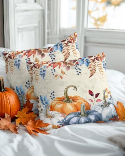 JasmineM Farmhouse Orange Blue Pumpkin Pillow Covers 18x18 Inch Set of 2, Thanksgiving Autumn Decorations Indoor Outdoor Throw Pillows, Orange Blue Linen Pillowcases for Patio Sofa Couch Bedroom - Image 2
