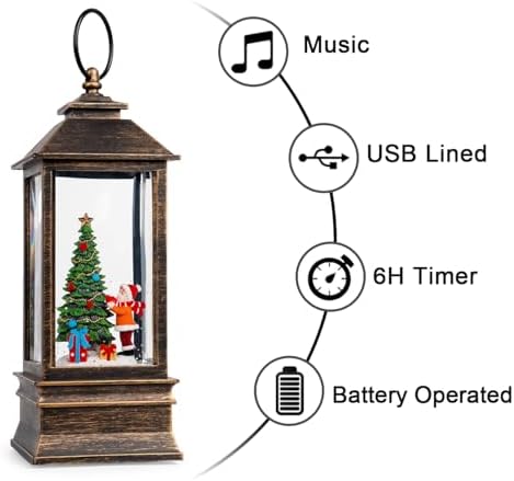 Christmas Snow Globe Lantern Water Glittering Christmas Tree Gifts with Music & Timer, USB Lined/Battery Operated Lighted Lantern for Christmas Festival Decorations - Image 5
