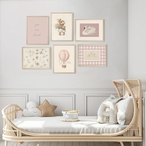 Pink Nursery Wall Art Baby Girl Canvas Wall Decor Vintage Poster Bunny Flower Wall Art Antique Preppy Pictures Animal Floral Prints Kids Swans Painting for Girls Room Bedroom 8x10x6 Inch Wood Framed - Image 7
