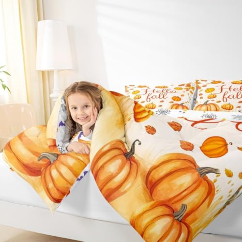 Erosebridal Fall Pumpkin Decor Bedding Set for Youth Teens Bedroom Autumn Harvest Theme Comforter Set, Kids Hello Fall Bedding Comforter Sets Autumn Leaves Quilt Rustic Decorations, King Size - Image 7