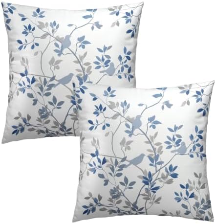 Sweetshow Blue Grey Leaf Branch Jacquard Throw Pillow Covers 24x24 Inch Set of 2 Bird and Leaf Decorative Pillowcase Square Cushion Covers for Home Couch Sofa Patio Bedroom - Image 2
