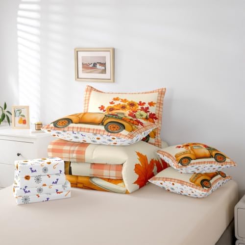 Thanksgiving Pumpkin Bed in a Bag 7 Pieces Full Size Comforter Set,Maple Leaves Truck Sunflower Bedding Sets Autumn Decor Farmhouse Fall Decor Bed Set with Comforter,Sheets,Pillowcases & Shams - Image 5