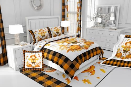 Erosebridal Fall Scarecrow Comforter Set for Kids Boys Girls Autumn Harvest Bedding Thanksgiving Pumpkins Duvet Set Black and Orange Grid Comforter Twin with 1 Pillowcase - Image 7
