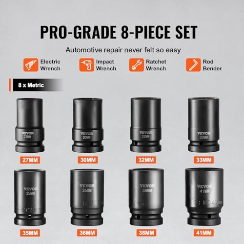 VEVOR 1" Drive Impact Socket Set, 8 Piece Deep Socket Set Metric 27-41mm, 6 Point Cr-Mo Alloy Steel for Auto Repair, Easy-to-Read Size Markings, Rugged Construction, Includes Storage Case - Image 3