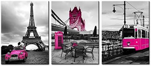 sunfrower Hot Pink Paris Canvas Wall Art Prints Bathroom Bedroom Decor Eiffel Tower Cityscape Posters for Girls Room Decorations Lover Tele Booth Bus Car Street Painting Picture Artworks 12×16" 3 Pcs by sunfrower