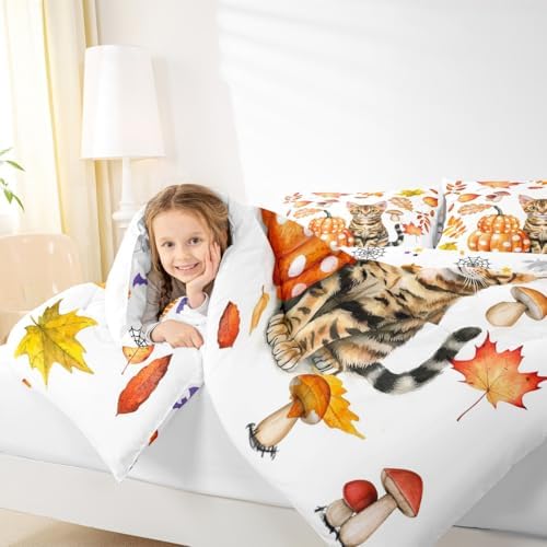 Erosebridal Pumpkin Comforter Cat Fall Decor Bedding Cartoon Cat Bedding Comforter Sets, Autumn Harvest Theme Duvet Insert Thanksgiving Gifts Down Comforter for Girls Boys Bedroom Collection, Queen - Image 7