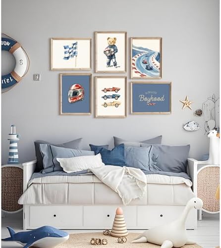 Nursery Race Car Wall Art Boys Room Canvas Wall Decor Vintage Nursery Prints Teddy Bear Poster Race Car Pictures Baby Boy Toddler Painting Artwork for Kids Bedroom Playroom 12x16 Inch Unframed 6Pcs - Image 5