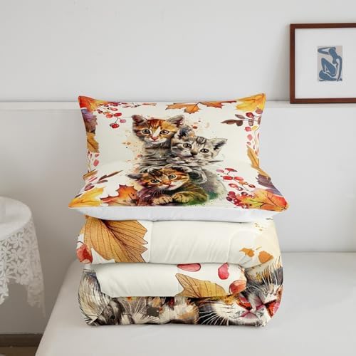 Cat Comforter Set Autum Maple Leaves Bedding Set Kids Boys Adults King - Image 5