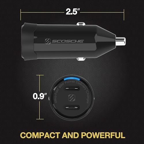 Scosche CPDCC60 PowerVolt 60W Certified Dual USB Type-C + Type-C Fast Car Charger Power Delivery 3.0 with PPS for All USB-C Devices