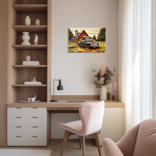 QIXIANG Farmhouse Vintage Truck Canvas Wall Art Blue Truck and Old Barn Country Picture Prints for Bathroom Office with Framed (16.00" x 24.00", Vintage) - Image 3