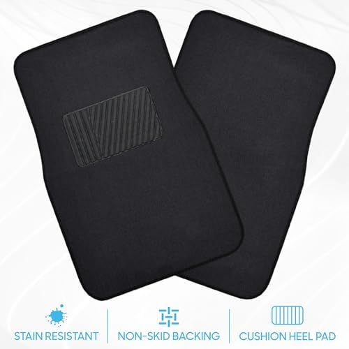 BDK Premium Black Carpet Floor Mats for Cars - Universal Fit Interior 4-Piece Car Mats Full Set with Vinyl Heel Pad Protector - Cute Car Accessories Interior Floor Covers for SUVs & Trucks
