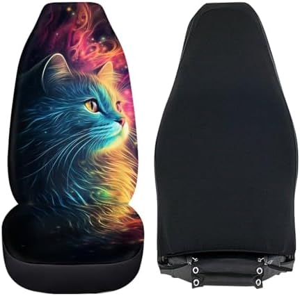 Cute Galaxy Cat Print Car Seat Covers Set of 2 Elastic Fabric Front Bucket Seat Covers Stretch Seats Protector Universal Fit Car Interior Decor