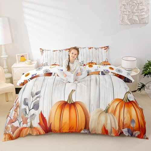 Erosebridal Fall Pumpkin Harvest Comforter Cover, Thanksgiving Day Duvet Cover Twin Maple Autumn Leaves Bedding Set for Kids Teens Adult, Country Barn Door Bedspread Cover Rustic Farmhouse Decor by Erosebridal