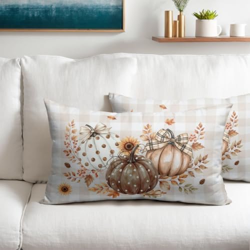 Fall Thanksgiving Pillow Covers 12x20 Set of 2 Autumn Pumpkin Maple Leaves Dot Floral Outdoor Throw Pillows Covers Orange Cream Plaid Bow Decorative Farmhouse Cushion Case for Room Couch Sofa - Image 2