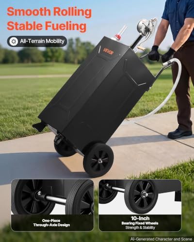 VEVOR 30 Gallon Fuel Gas Caddy, Carbon Steel, Portable Fuel Transfer Storage Tank with Manual Pump & 2 Wheels, Gasoline Diesel Can Container, for Cars, Lawn Mowers, ATVs, Boats, Motorcycles, Black - Image 4
