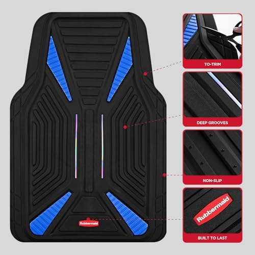 Rubbermaid Car Mat Full Set, Universal Trim-to-Fit Heavy-Duty Car Floor Mats – 4-Piece Set for All Weather Protection – Durable Rubber Mat for Cars, Trucks, SUVs & Vans-Blue