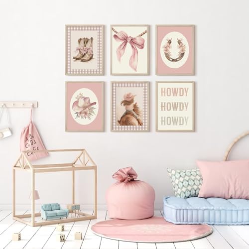 Western Cowgirl Nursery Wall Art Decor Vintage Girl Room Canvas Poster Pink Coquette Nursery Art Prints Preppy Aesthetic Pictures Bow Floral Boots Artwork for Girls Bedroom 12x16 Inch Unframed 6Pcs - Image 7