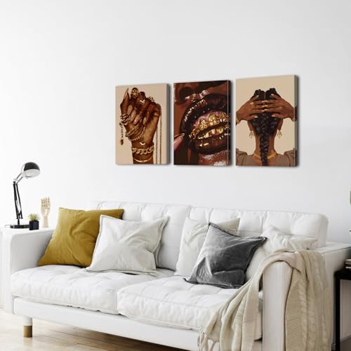 Black Girl Canvas Wall Art Living Room Modern Abstract Gold Jewelry Accessories Canvas Painting African Female Framed Artwork Woman Room Decor Living Room Bathroom Fashion Home Decorations 16x24 3Pcs - Image 6