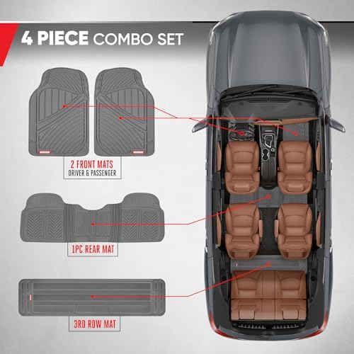Motor Trend 3-Row Heavy Duty Rubber Floor Mats & Liners for Car SUV Van, Front 2nd & 3rd Row Durable Polymerized Latex Full Interior Protection, Extra-High Ridgeline Design, Gray