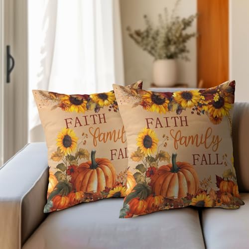 Sweetshow Faith Family Fall Pumpkin Pillow Covers 12x12 Inches Autumn Sunflowers Throw Pillow Case Set of 2 Pillows Cotton Linen Cushion Cover for Home Couch Sofa Livingroom - Image 6